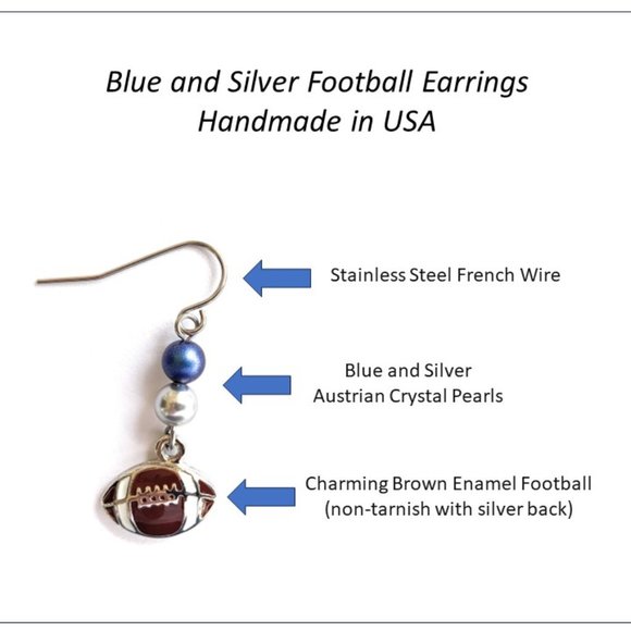 Football Earrings Blue Silver Team Colors for Women Girls Sports Jewelry Gifts - Picture 2 of 4